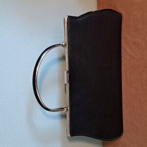 Vintage Black Leather Kiss-Lock Frame Handbag 60's 14x7 Inch